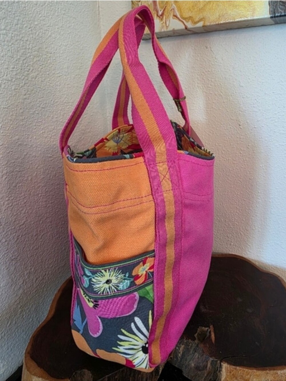 Vera Bradley Hot Pink & Orange Canvas Tote with Floral Trim NWT - Picture 11 of 16
